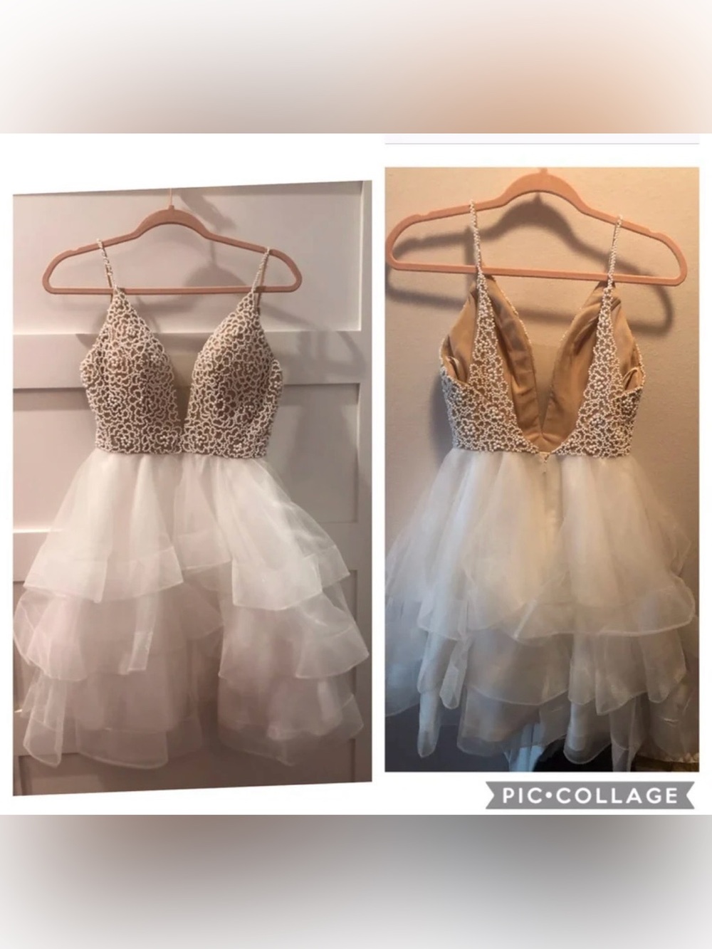 Size 2 Angela & Alison Ivory Organza Beaded V neck Spaghetti Strap Short Dress